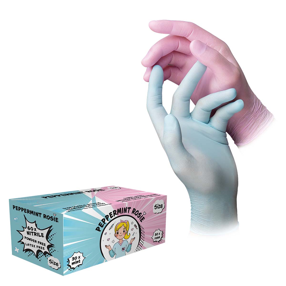Nitrilhandschuhe, Farbenmix mint & rosa, puderfrei STYLE Peppermint Rosie